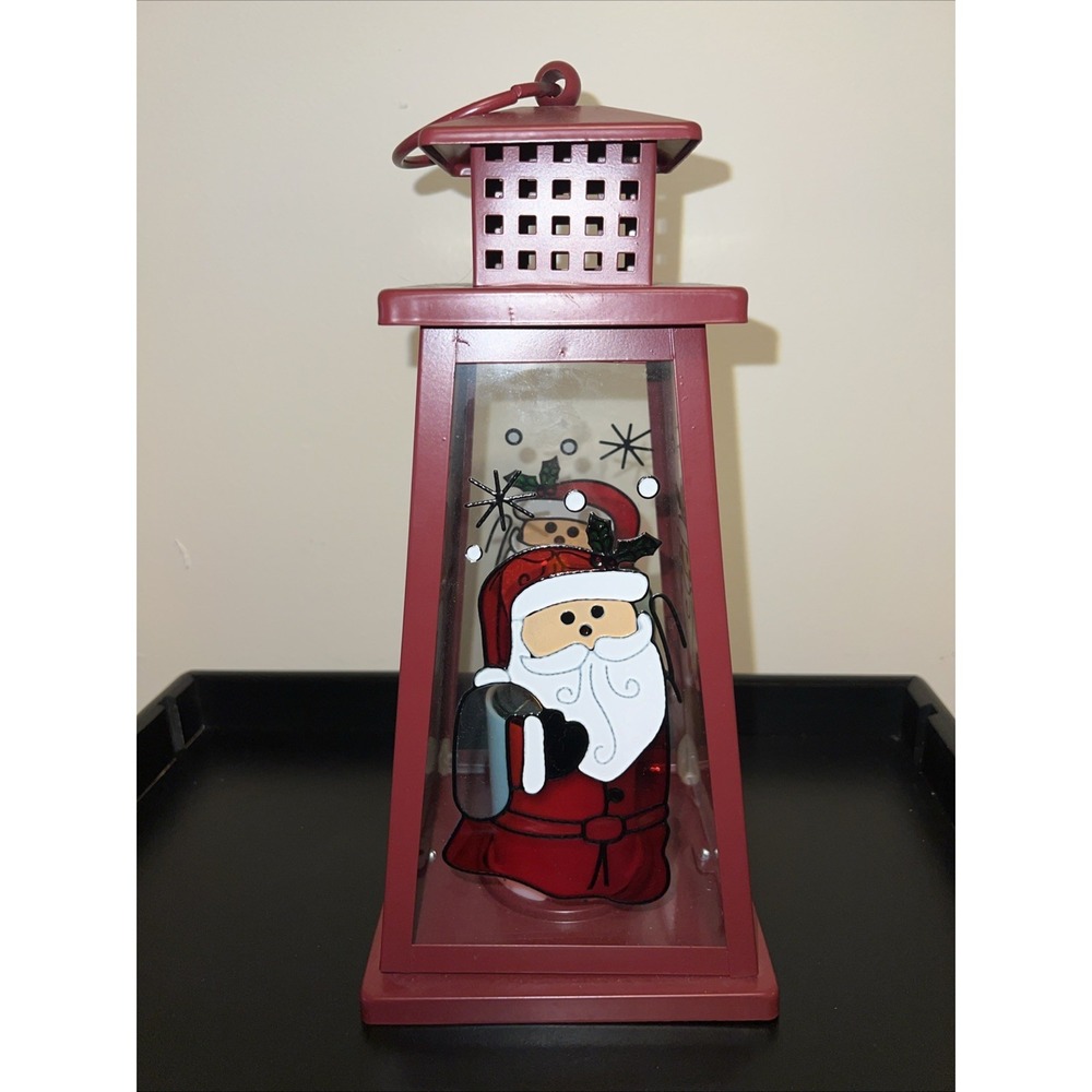 OLD TIME POTTERY Metal Aluminum Red Christmas SOLAR Santa LANTERN 11.5"